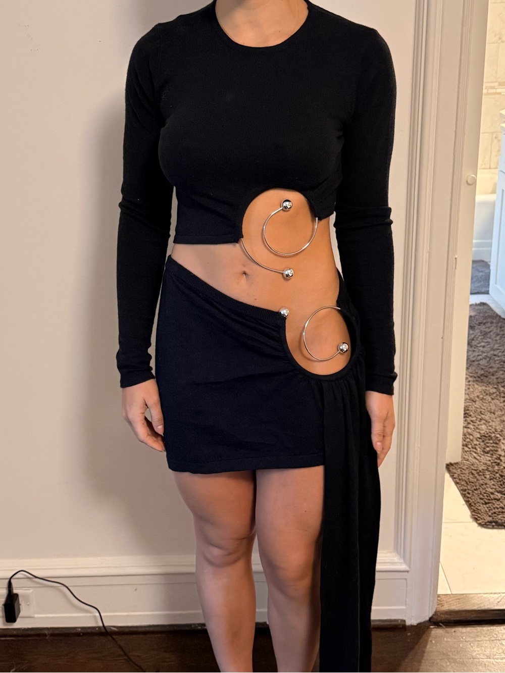 Black Asymmetric Cutout Mini Skirt with Ring Detail two pieces outfit